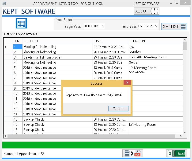 Outlook Randevu Listeleyicisi ekran görüntüsü - Outlook veya PST dosyasındaki tüm randevuları listeleme