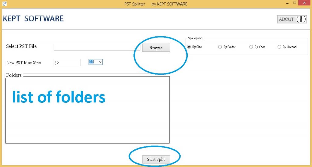 Mail PST Splitter ekran görüntüsü - Outlook PST dosyasını boyuta, klasöre, yıla veya okunmamışa göre bölme