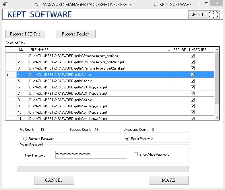 Outlook Şifre Kaldırma Yazılımı ekran görüntüsü - PST dosyası şifresini sıfırlama ve kaldırma